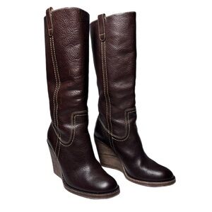 Frye Caroline Campus Boots Women 8 Brown Leather Wedge Heel Western Tall Riding